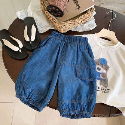 Children's suit Bangcheng 2024 summer boys' clothing two-piece suit bear short sleeve + denim shorts trend G0073