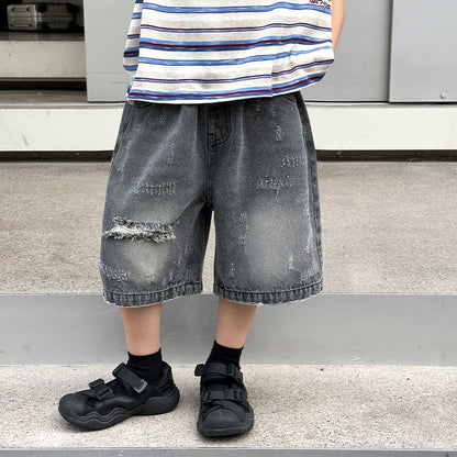 Children's pants boys denim shorts baby loose ripped shorts summer new boys breathable straight pants