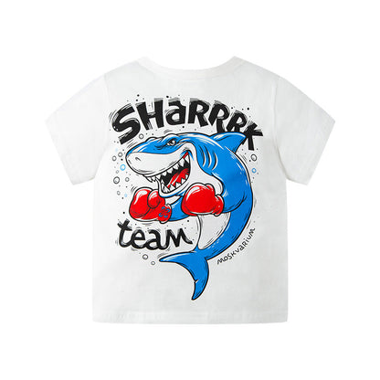 2024 Summer New Children's Cartoon Shark Printed Short Sleeve T-shirt Boys Sweatshirt Half Sleeve Manufacturer One Piece Dropshipping