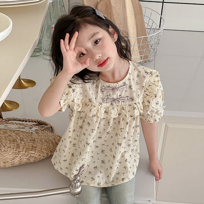 Children's girls summer new Chinese retro short-sleeved cotton floral shirt Republic of China style buttoned Hanfu pure cotton top