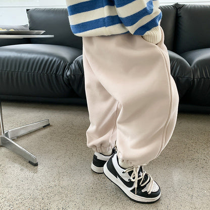 Amo Beibei children's 2023 winter pants for boys and girls thickened silver fox velvet drawstring sweatpants baby warm trousers