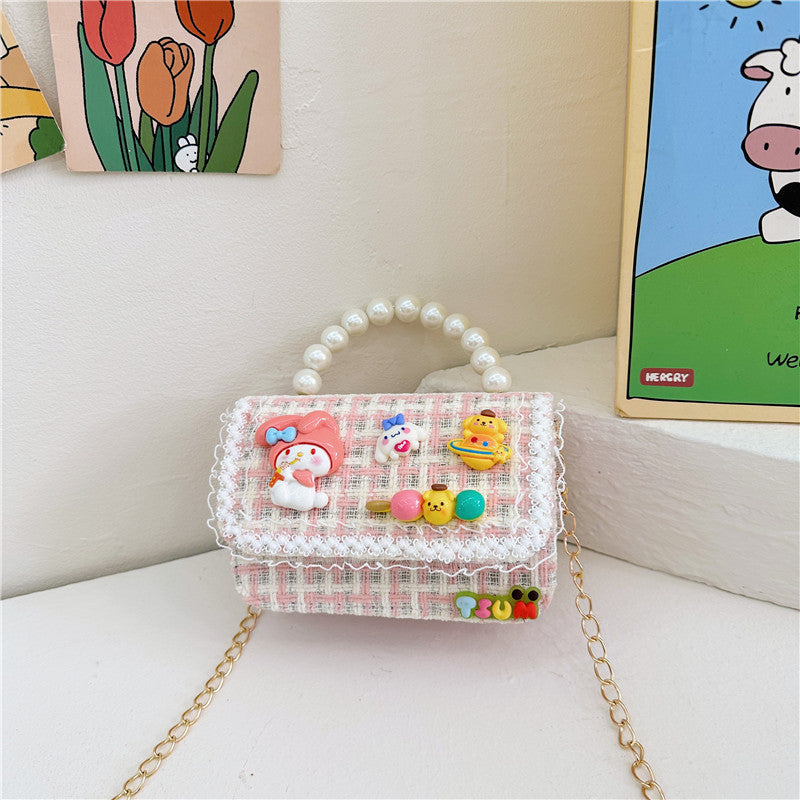 Autumn and winter stylish children's small square bag female fashion girl contrast color chain shoulder bag simple beaded handbag wholesale 