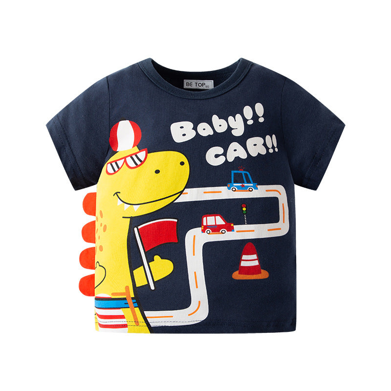 2023 New Children's Short Sleeve Summer Three-dimensional Dinosaur Boys T-shirt Cotton Top Children's Clothing Wholesale One Piece Dropshipping