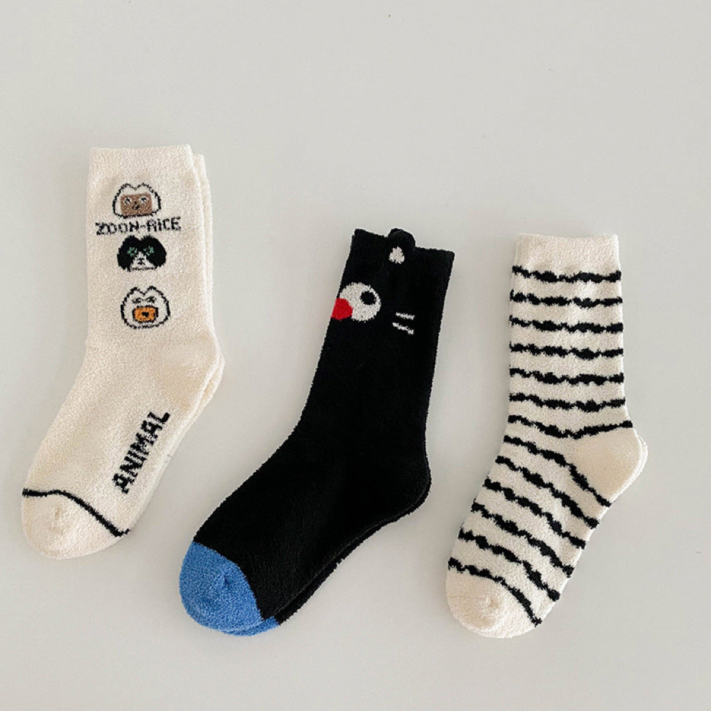 Amo Baby Children's 2023 Winter Thick Plus Velvet Cartoon Cotton Socks Boys and Girls Baby Warm Middle-tube Socks 3 Pairs