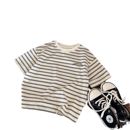 Children's clothing short-sleeved 2024 summer new boys striped versatile casual T-shirt children's fashion trend simple short-sleeved T