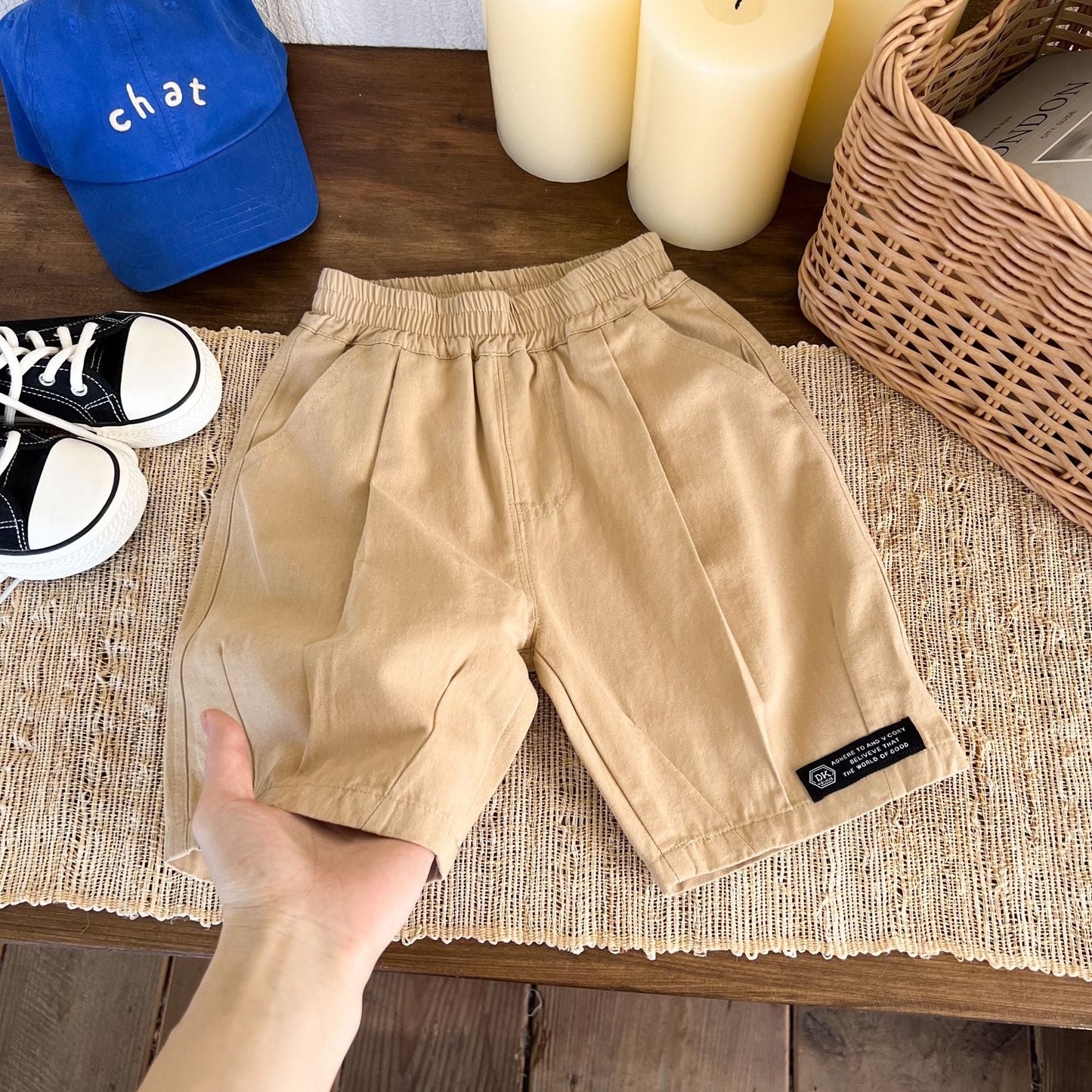 Children's clothing shorts 2024 summer new boys solid color label shorts children's casual trendy shorts versatile shorts