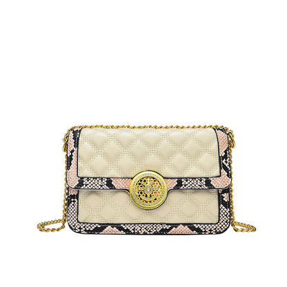 Small high-end white snake pattern stitching fashion simple chain shoulder bag women's bag diamond embroidery crossbody small square bag 