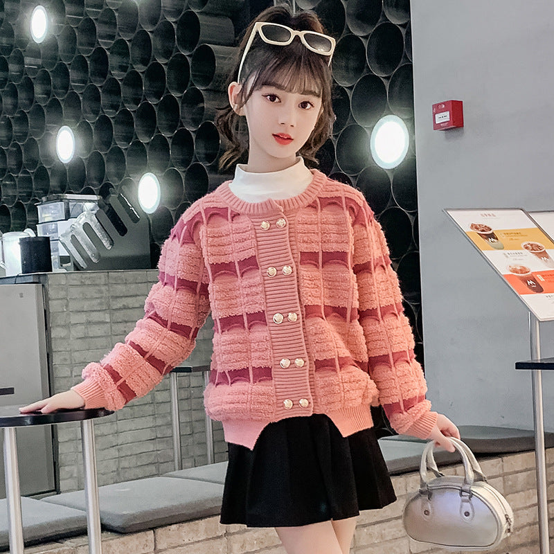 2024 new girls sweater double-breasted sweater coat hollow double-layer Korean version of foreign Internet celebrity middle and large children's knitted sweater