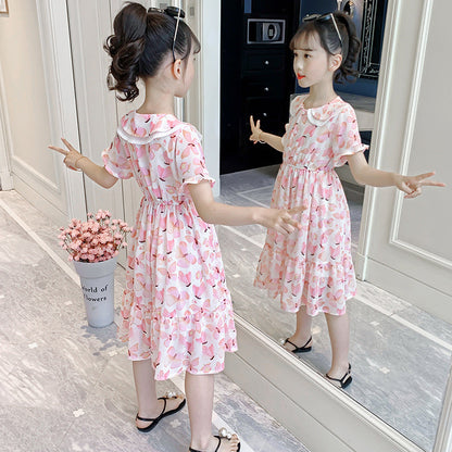 Girls chiffon dress 2024 summer new style doll collar butterfly print princess dress Bohemian holiday dress