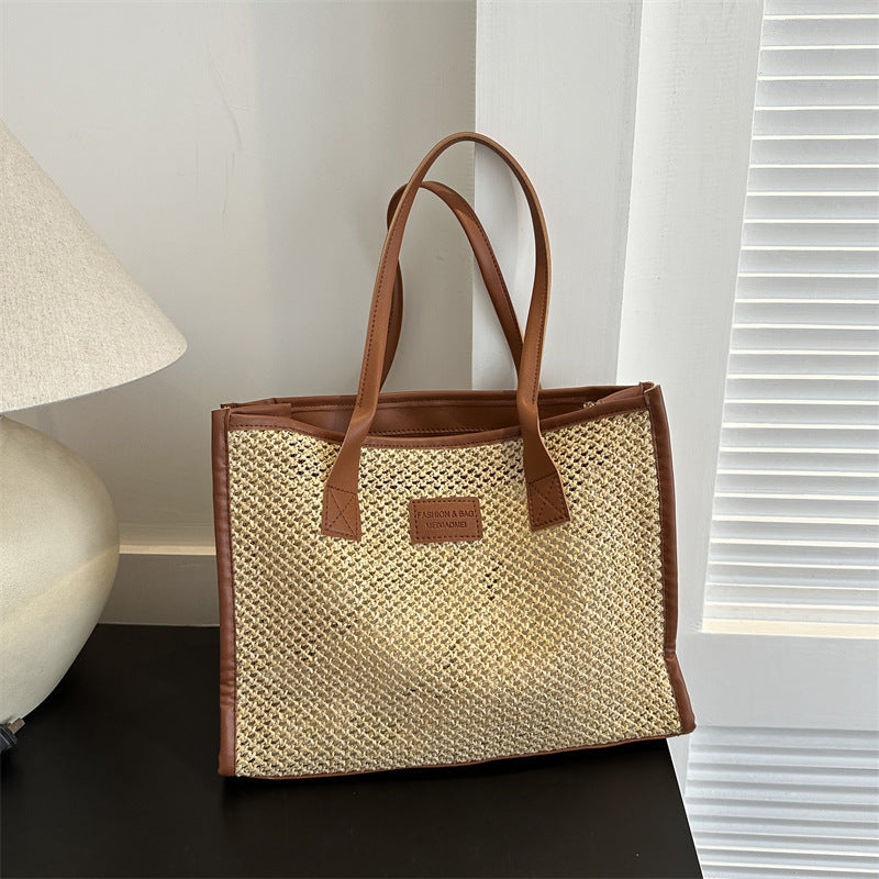 Western-style straw woven large-capacity bag for women 2024 new beach woven bag for women one-shoulder commuting tote bag large bag 