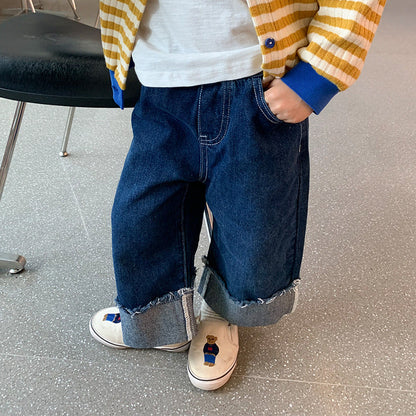 2024 Spring New Korean Style Boys and Girls Curled Jeans Children's Straight-leg Turned-up Jeans Trousers