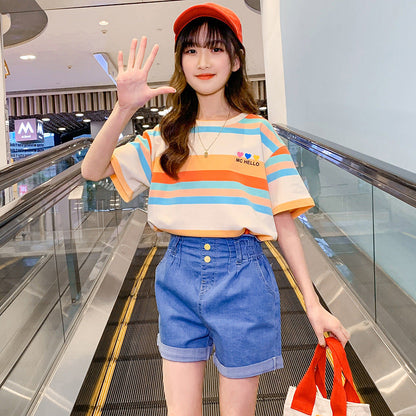 Summer girls and boys new short-sleeved T-shirt cotton printed letters Korean version of the middle and large children's elastic loose fat tide