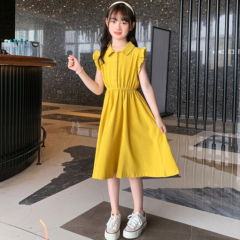 Children's summer cotton dress pure cotton skirt solid color ruffled edge flying sleeve waist slimming middle and large children's princess skirt