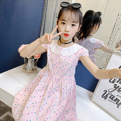 Girls dress 2024 summer new children's stylish printed cotton skirt little girl short-sleeved cartoon vest skirt 