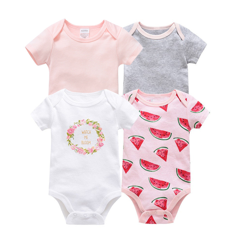 Baby bodysuit A-type ins style summer short-sleeved cartoon cute one-piece baby envelope collar romper four-piece set 