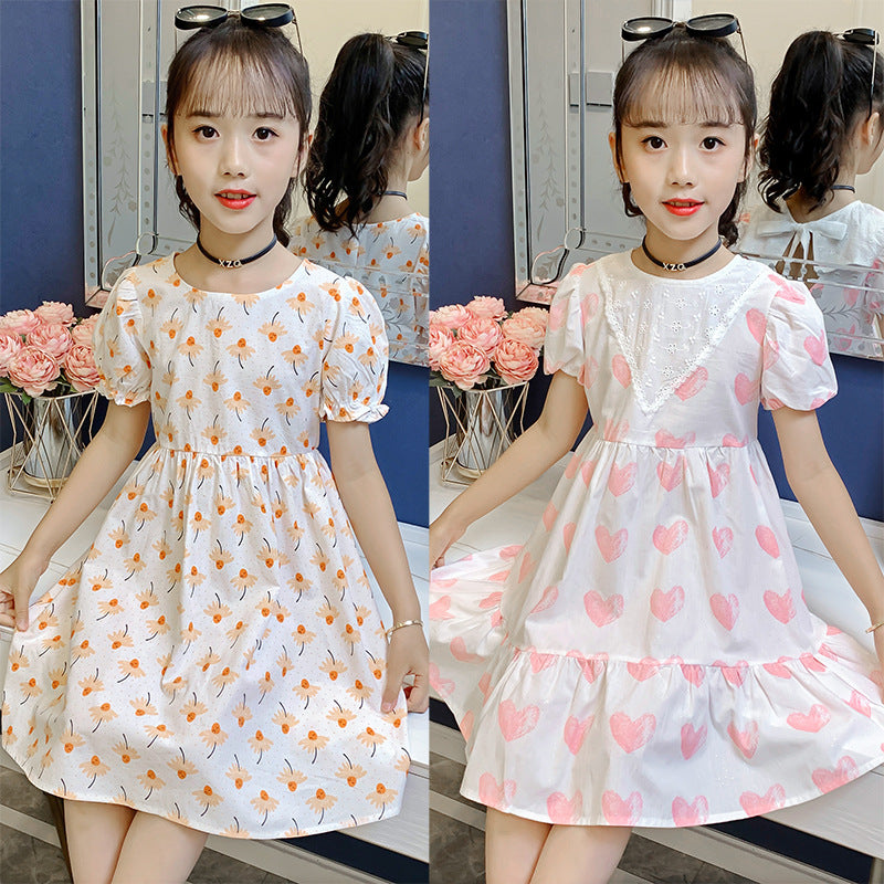 Girls dress 2024 summer new style medium and large children's short-sleeved floral dress pure cotton dress long dress sweet baby dress 