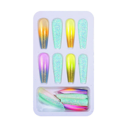 Manicure European and American wearable long ballet nails with diamond gradient color finished wearable nail pieces fake nail patches