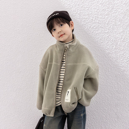 Amo Baby Children's 2023 Winter Warm Plush Label Cotton Clothes Boys and Girls Baby Double-sided Aoliang Velvet Jacket Trendy