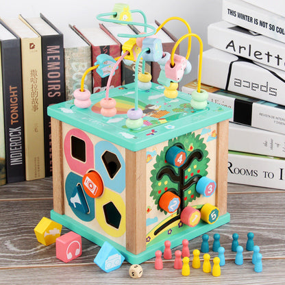 Children's wooden four-sided multifunctional bead treasure box for infants and young children shape matching early education and intellectual development toys 