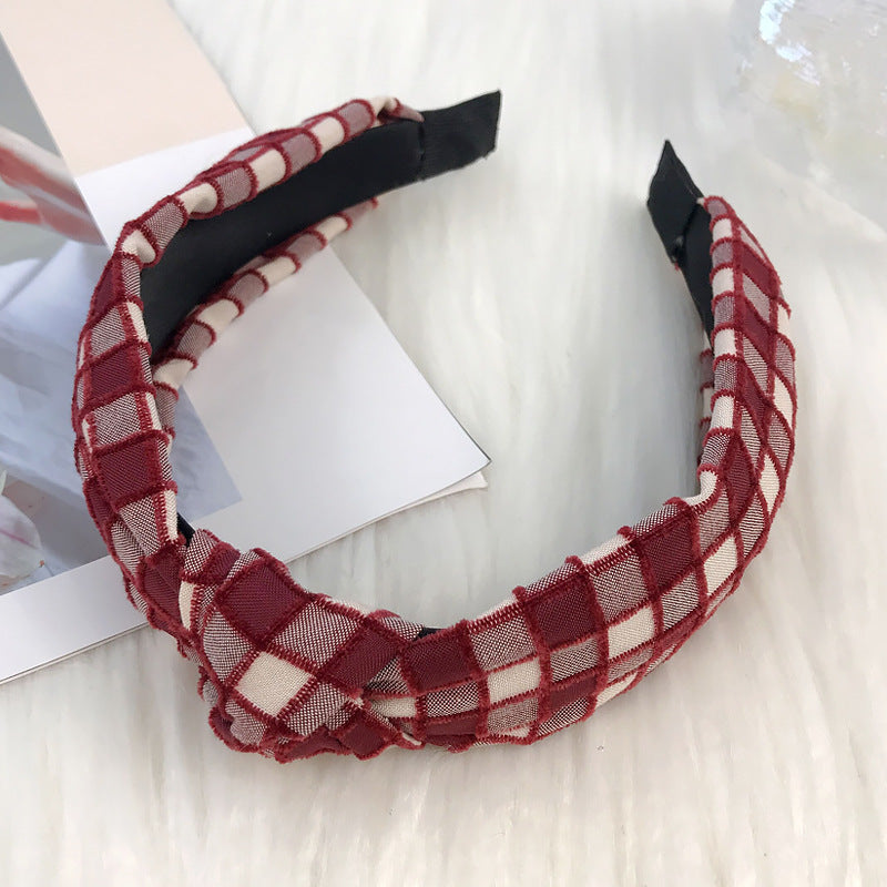 European and American Christmas headband for women Korean style cute sweet temperament knotted head buckle fabric wide edge plaid headband hair cave