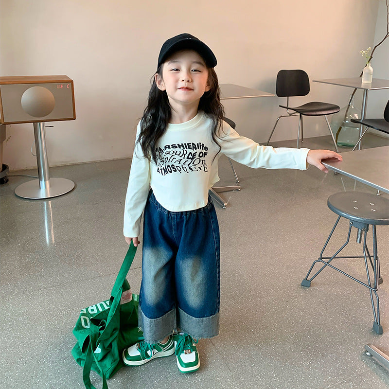 Korean children's clothing 2023 autumn new small and medium-sized suits for girls with printed letters long sleeves children's fashionable tight bottoming shirts