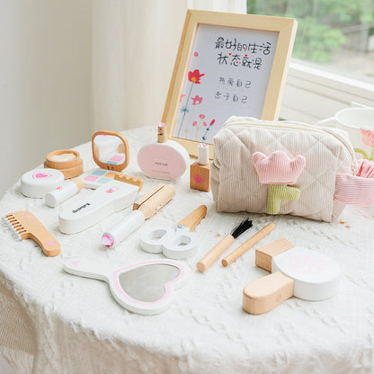 Children's wooden educational simulation girl makeup bag parent-child interactive love dressing table set pretend play toy