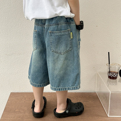 Amo Beibei children's 2024 summer raw edge pocket bamboo denim shorts for boys and girls sand washed cotton splicing shorts