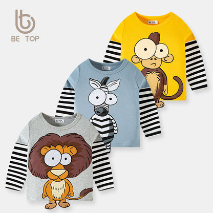 2024 Spring and Autumn New Children's Striped Sleeve Three-Dimensional Cartoon T-shirt Pure Cotton Baby Top Boys Bottoming Shirt