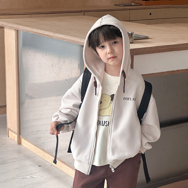 Amo Beibei children's spring jacket 2024 new boys and girls hooded cardigan baby loose letter sweater trend