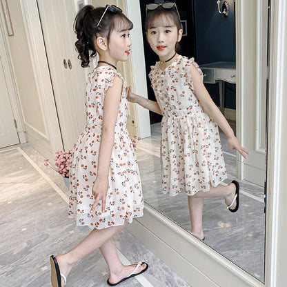 Girls summer chiffon dress 2024 new Korean version children's summer vest dress Western style big children's floral dress