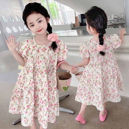 Girls Summer Cotton Floral Dress French Puff Sleeve Rose Loose Fat Cotton Doll Style Oil Painting Style