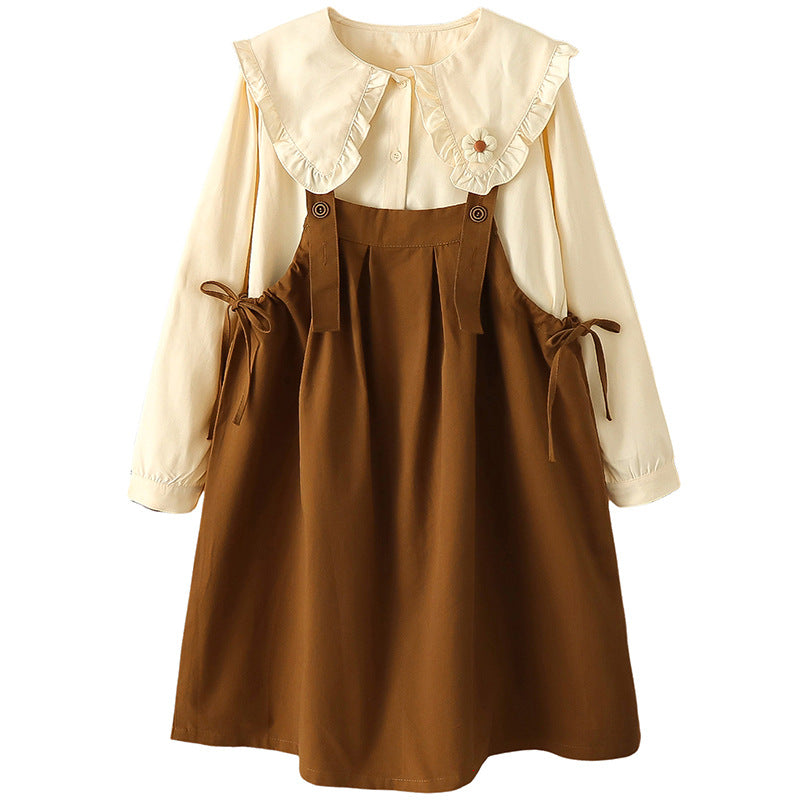 Girls 2024 autumn new suit overalls two-piece suit cotton Korean version of the college style student doll collar shirt