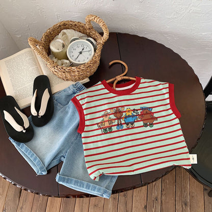 Children's vest Bangcheng 2024 summer boys cartoon print striped sleeveless T-shirt baby casual top G0261