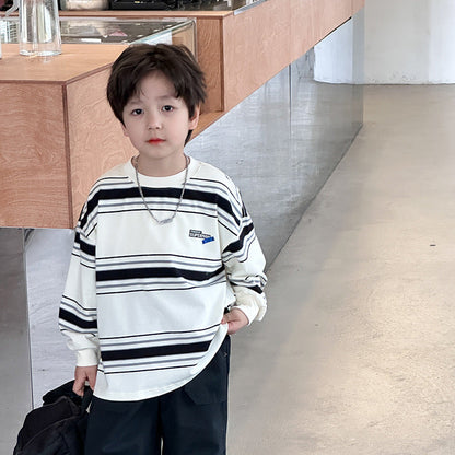 Elmo Beibei 2024 Spring Boys Letter Color Striped Cotton Sweater Children's Baby Style Korean Style Handsome Loose Striped Top