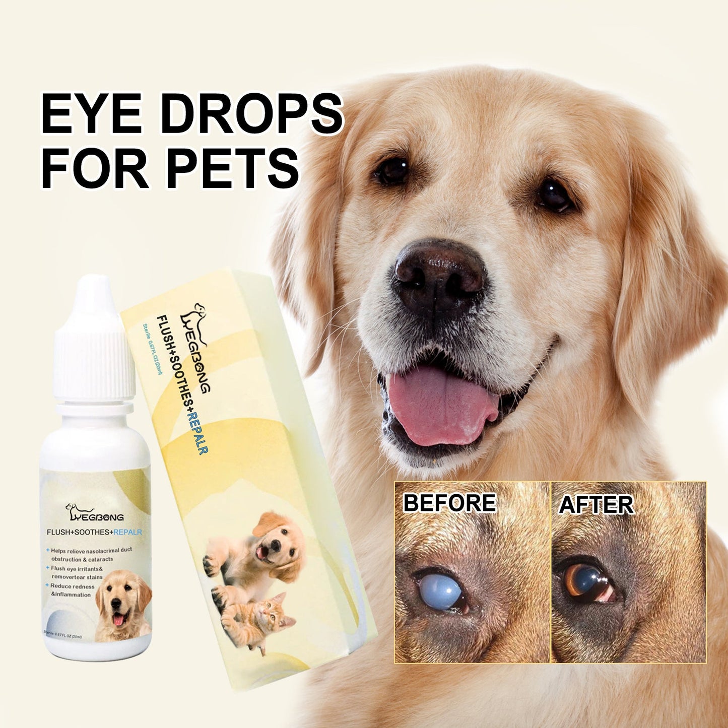 Yegbong pet eye drops for dogs and cats, gentle eye cleansing, tear stains, eye dirt, pet care eye drops 