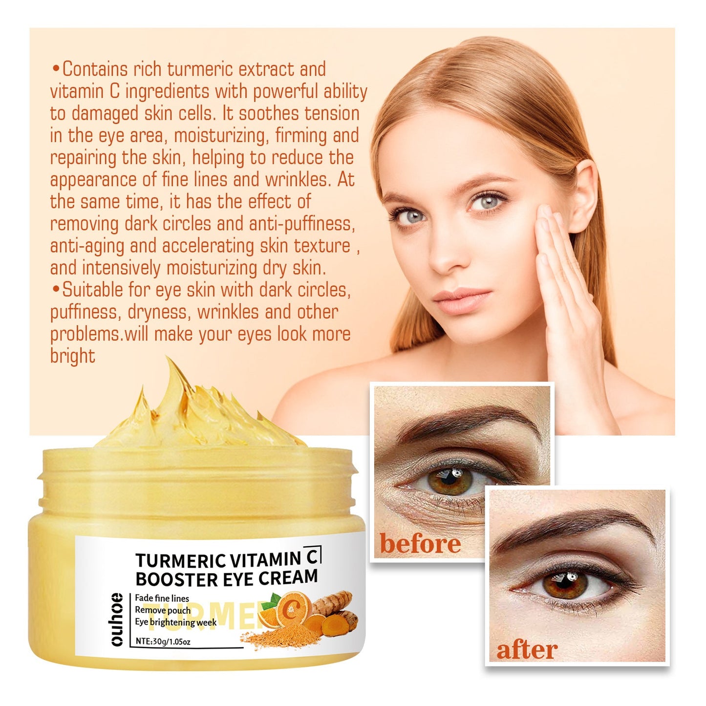 OUHOE Turmeric Vitamin C Repair Eye Cream Lightens Eye Bags and Dark Circles Improves Eye Fine Lines Moisturizing Eye Cream 