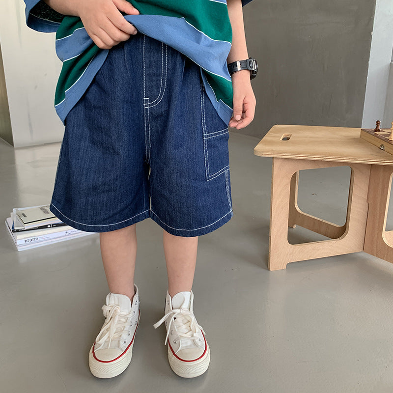 Amo Beibei children's loose shorts 2024 summer boys baby Korean version of bright line workwear jeans shorts trend