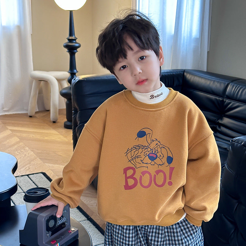 Amo Beibei children's 2023 winter warm tops for boys and girls thickened composite Austrian velvet BOBO cartoon sweatshirt