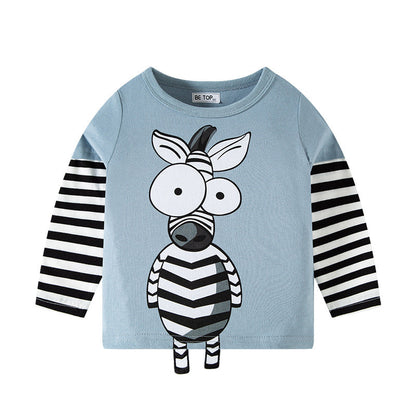 2024 Spring and Autumn New Children's Striped Sleeve Three-Dimensional Cartoon T-shirt Pure Cotton Baby Top Boys Bottoming Shirt