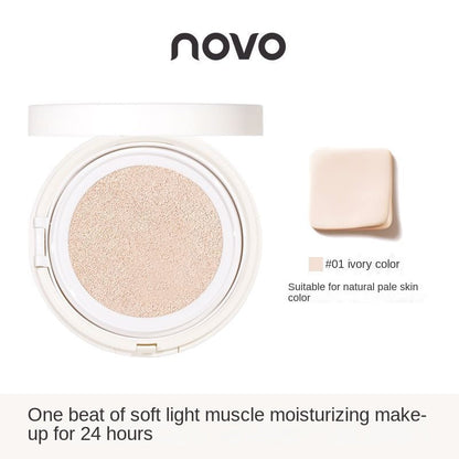 NOVO Cushion ម្សៅទ្រនាប់ ជួយការពារកំដៅថ្ងៃ បិទបាំងស្នាមខ្ពស់ មិនងាយប្រតាក ផ្តល់សំណើមដល់ស្បែក ការពារជាតិខ្លាញ់ ជាប់បានយូរ មិនបាច់លុបគ្រឿងសម្អាង បោះដុំ