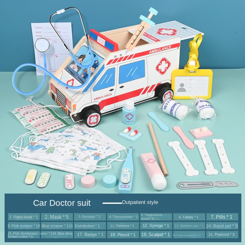 Children's wooden doctor set boy girl game car medical kit ambulance puzzle house toys