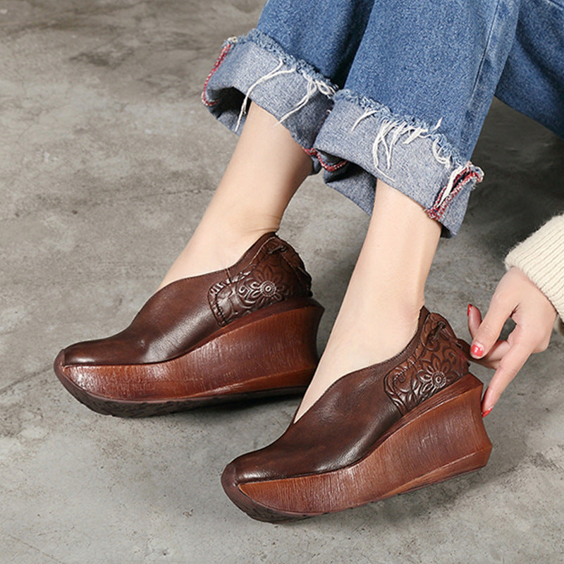 2022 New Spring and Autumn Thick Sole Thick Heel Genuine Leather Shoes Comfortable and Breathable Handmade Retro Women's Shoes Factory Direct Sales 