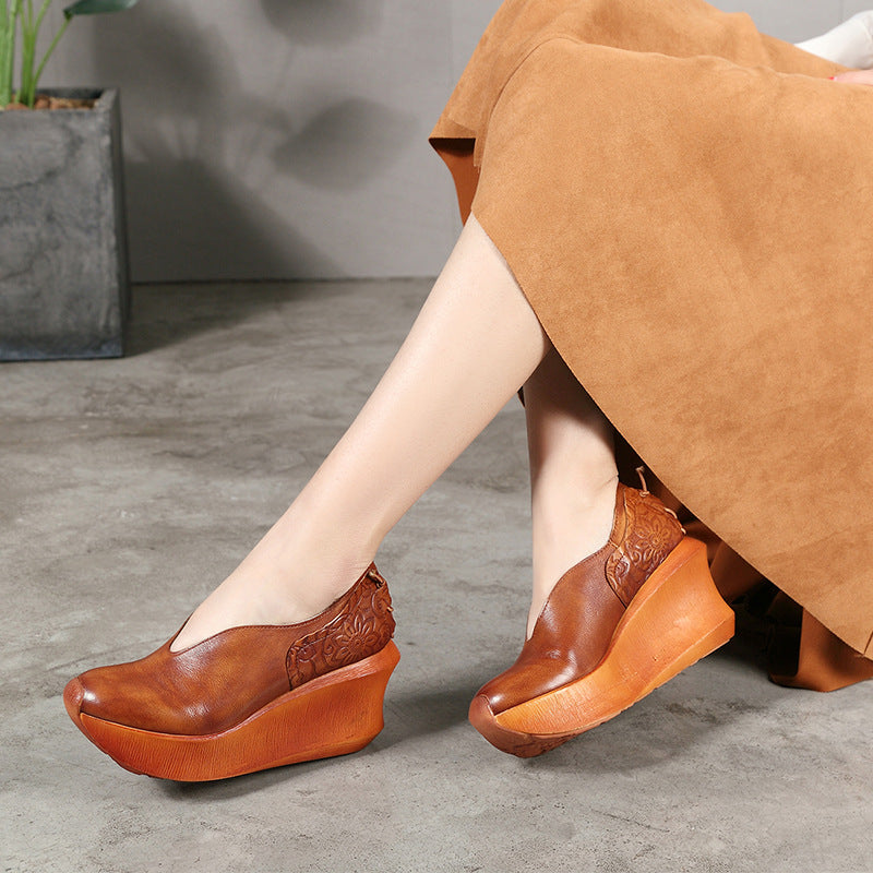 2022 New Spring and Autumn Thick Sole Thick Heel Genuine Leather Shoes Comfortable and Breathable Handmade Retro Women's Shoes Factory Direct Sales 