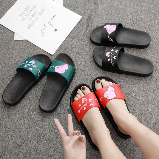 2022 Cartoon Pig Indoor and Outdoor Sandals for Women Japanese Version Flat Non-Slip Soft Bottom Bathroom Ladies Cute One-Flops 