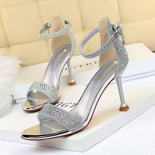 1688-3 European and American style sexy banquet summer high heels women's shoes stiletto high heels open toe rhinestone strap sandals 