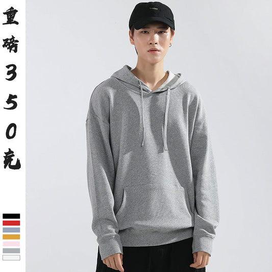 2024 New Autumn Japanese Style Drop Sleeve Hooded Sweatshirt Men's Loose Casual Heavy Solid Color Pullover Sweatshirt Men 