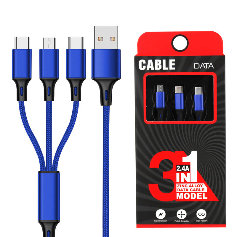 Baitong suitable for iphone android nylon braided usb cable metal one-to-one three-in-one data cable dropshipping 