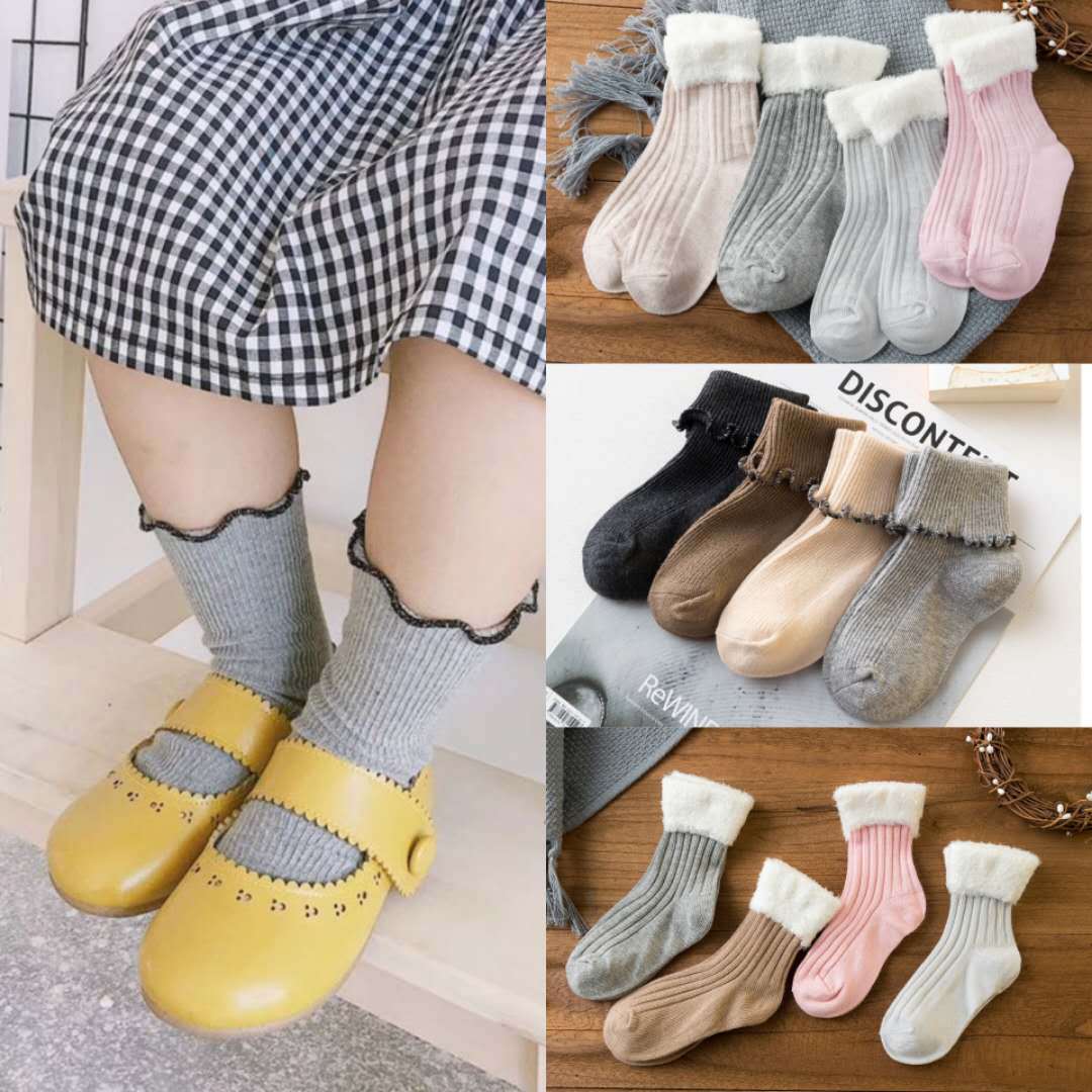 Spring and Autumn Cotton Lace Children's Socks Combed Cotton Baby Socks Double Needle Solid Color Korean Princess Socks 