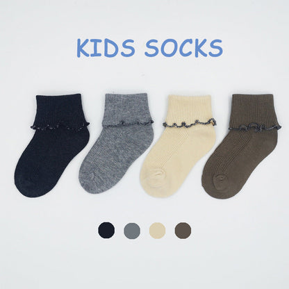 Spring and Autumn Cotton Lace Children's Socks Combed Cotton Baby Socks Double Needle Solid Color Korean Princess Socks 