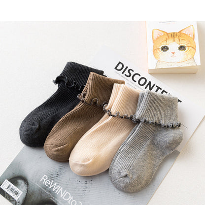 Spring and Autumn Cotton Lace Children's Socks Combed Cotton Baby Socks Double Needle Solid Color Korean Princess Socks 